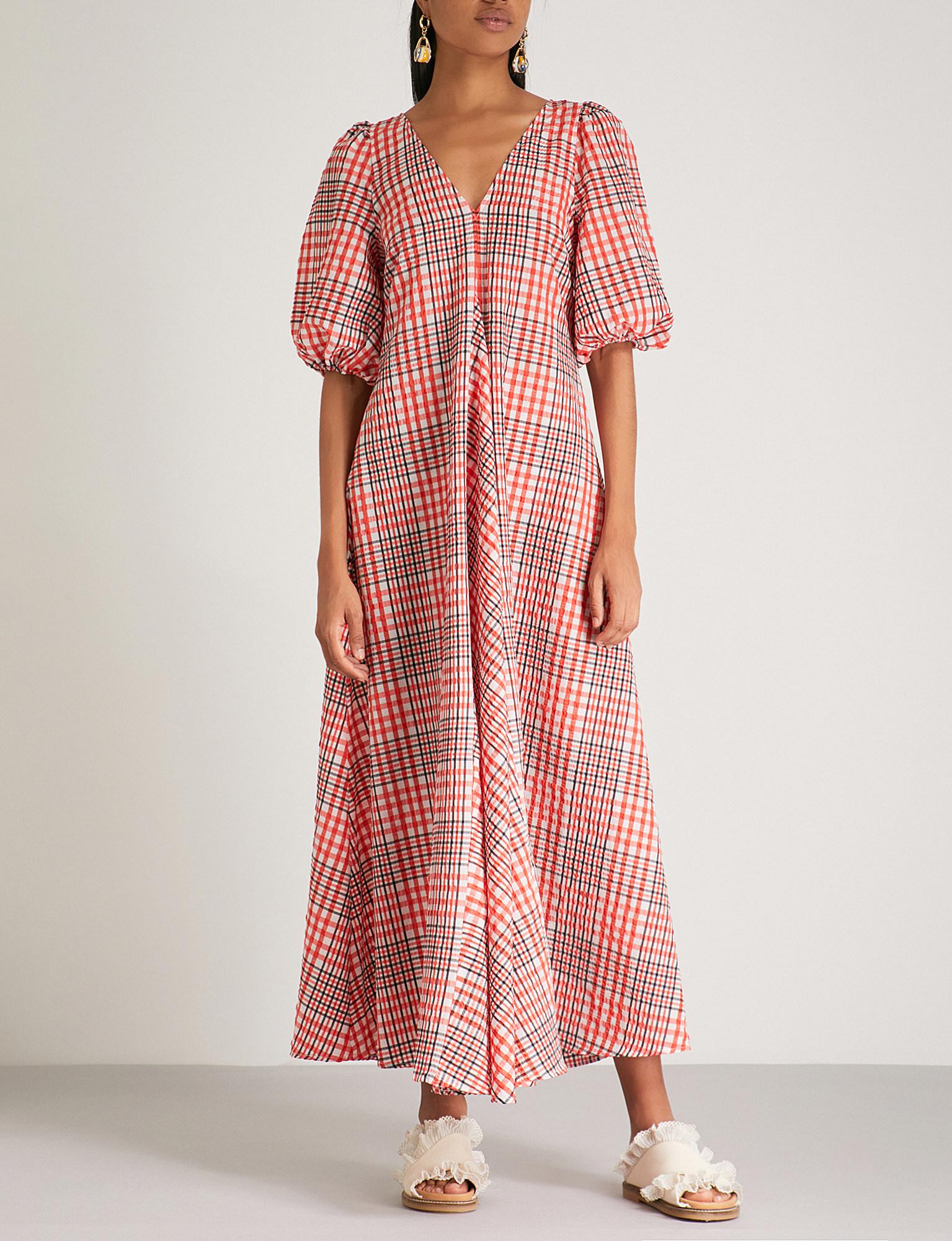 Ganni Charron Cotton-blend Maxi Dress in Red | Lyst