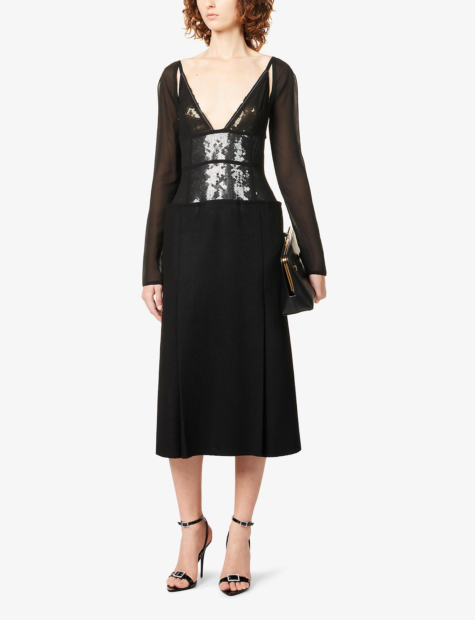 Victoria Beckham Sequin-embellished V-neck Silk And Wool-blend Midi Dress  in Black | Lyst