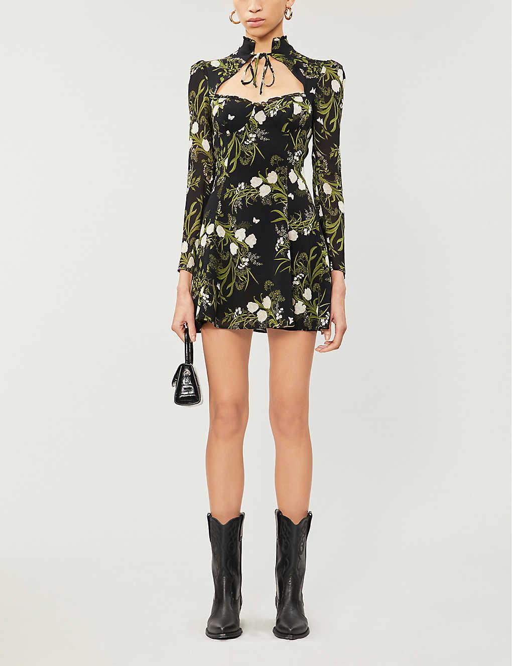 Reformation Vivianne Floral-print Crepe Mini Dress in Black | Lyst