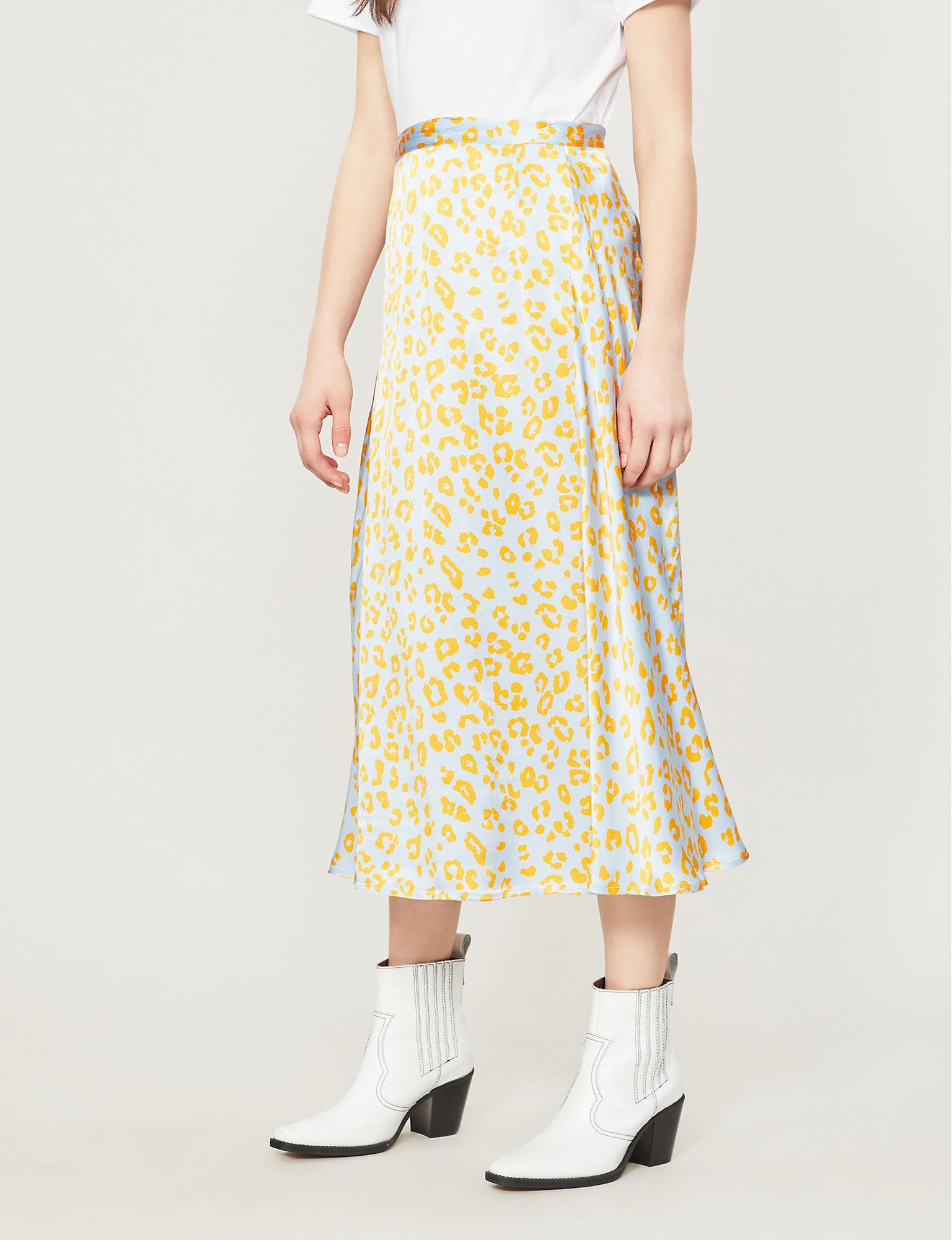 satin flared leopard midi skirt
