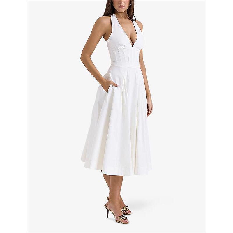clarabelle corset bodice pima cotton blend cocktail dress House Of Cb Allena Corset-Bodice Stretch-Cotton Midi in White Exclusive retailer Hidden back sku_321137 Long Sleeve Bridesmaid Dresses Color:Fluorescent Sky