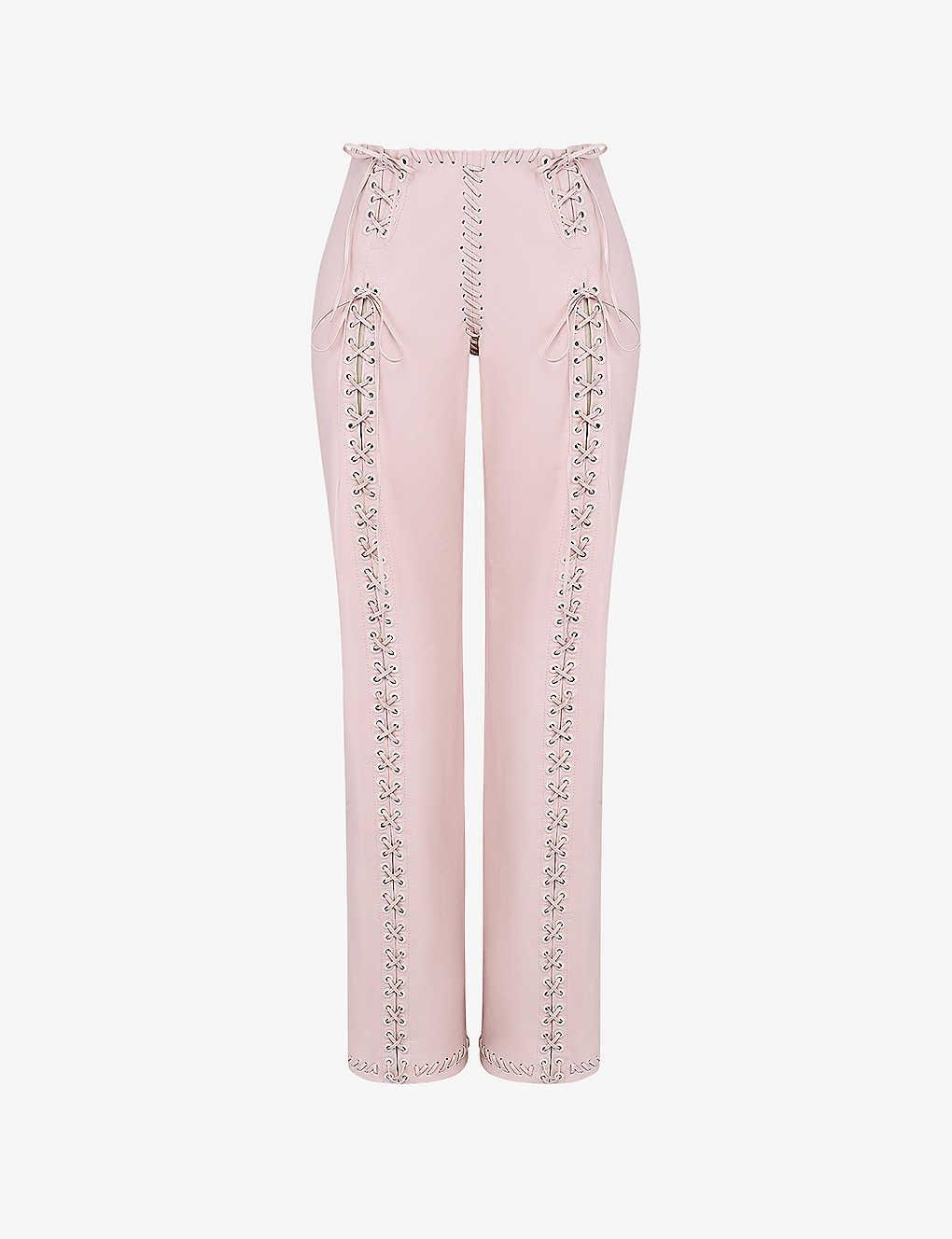 House Of Cb Elliot Lace-up Straight-leg Mid-rise Faux-leather Trouser in  Pink