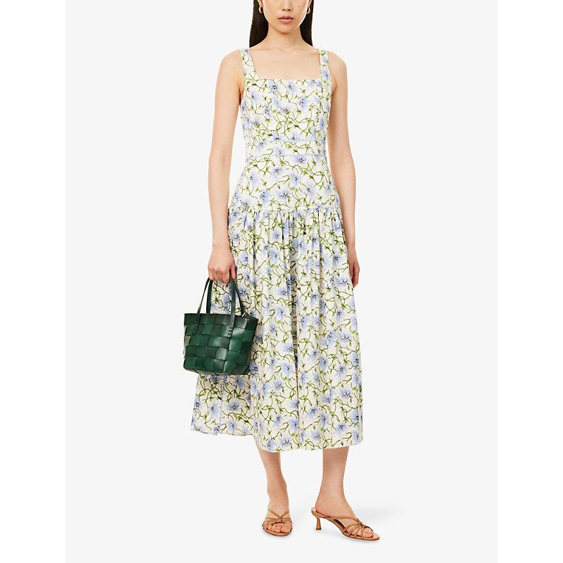 cotton twisting poppy print maxi dress ME+EM Twisting Poppy Print Square-Neck Cotton Maxi Dress in White
