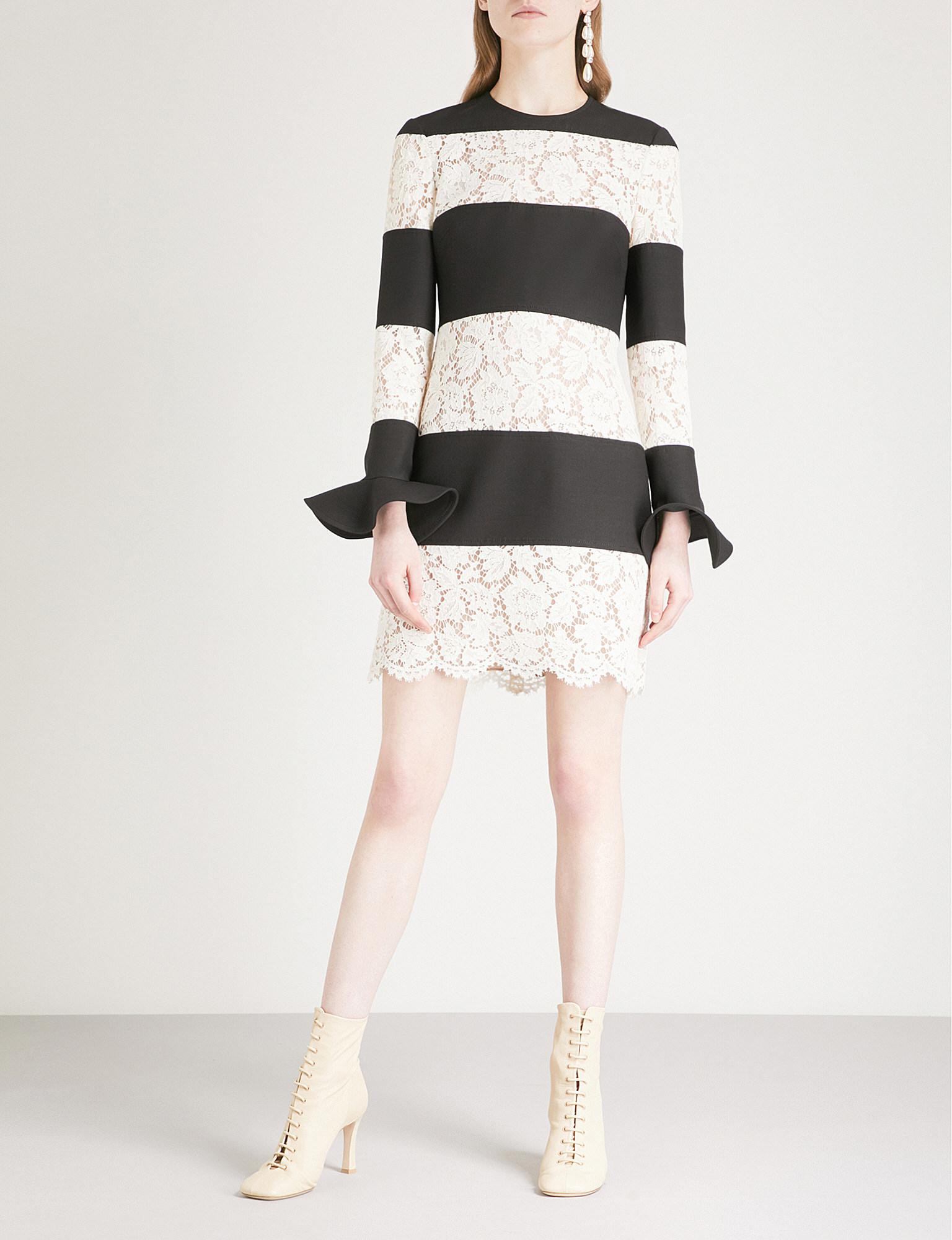 Valentino Striped Lace-panel Wool And Silk-blend Mini Dress in Black/White ( Black) - Lyst