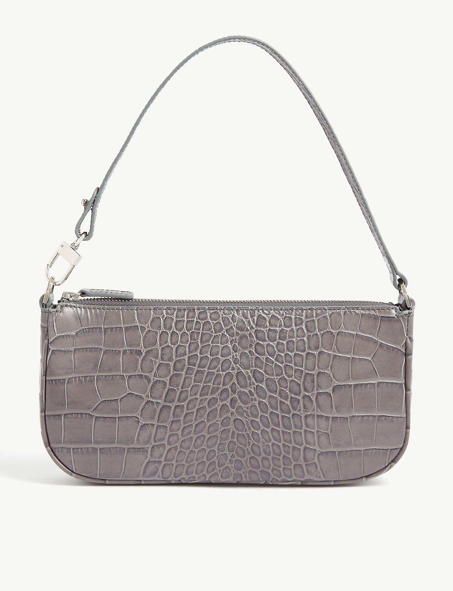 BY FAR Mini Crocodile Effect Leather Cross Body Bag in Gray