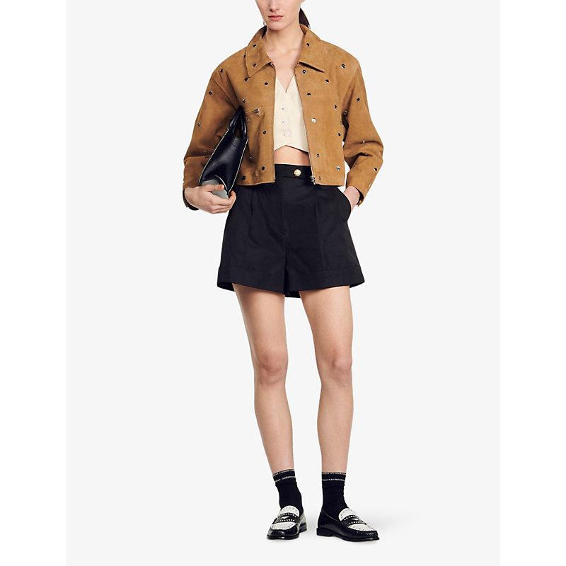 Sandro Stud-embellished Cropped Suede Jacket in Brown Lyst UK