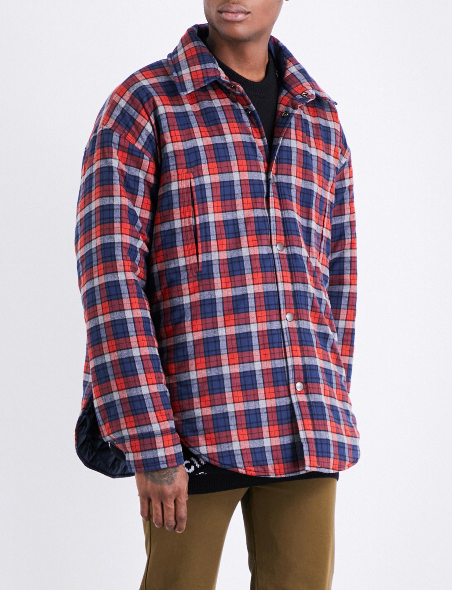 Balenciaga Check-pattern Cotton Peacoat Overshirt in Red for Men - Lyst