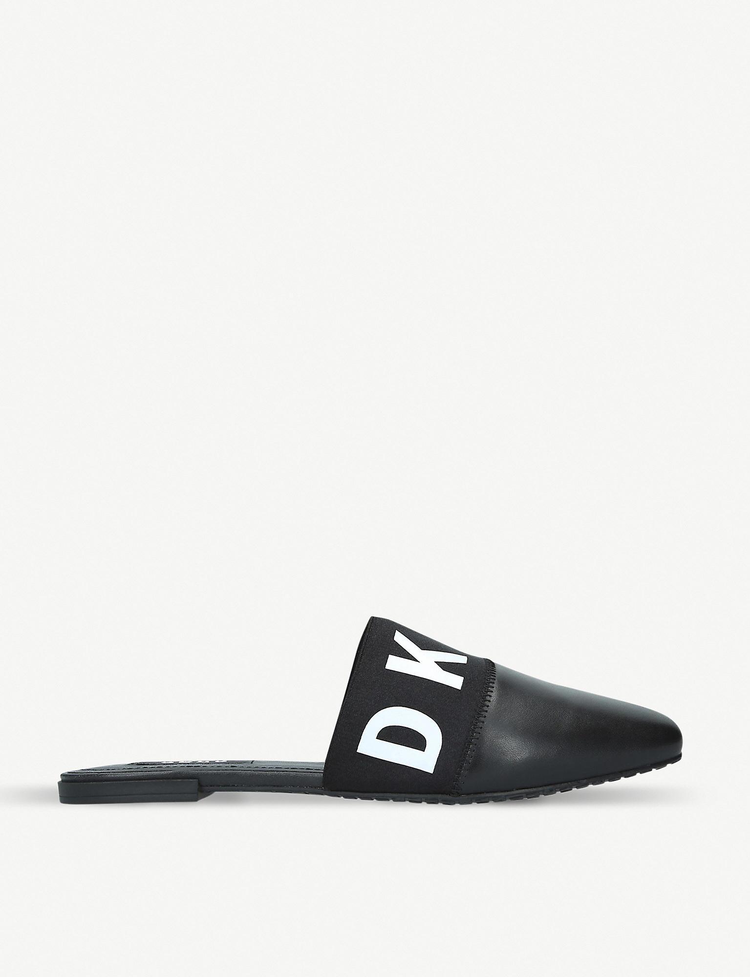 DKNY Dawn Logo-trim Leather Flat Mules in Black | Lyst