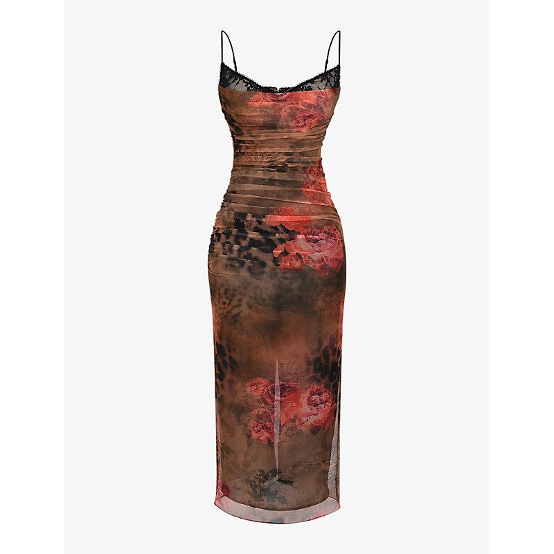 House Of Cb Nalini Floral And Leopard-Print Stretch-Mesh Midi Dress in Red  | Lyst
