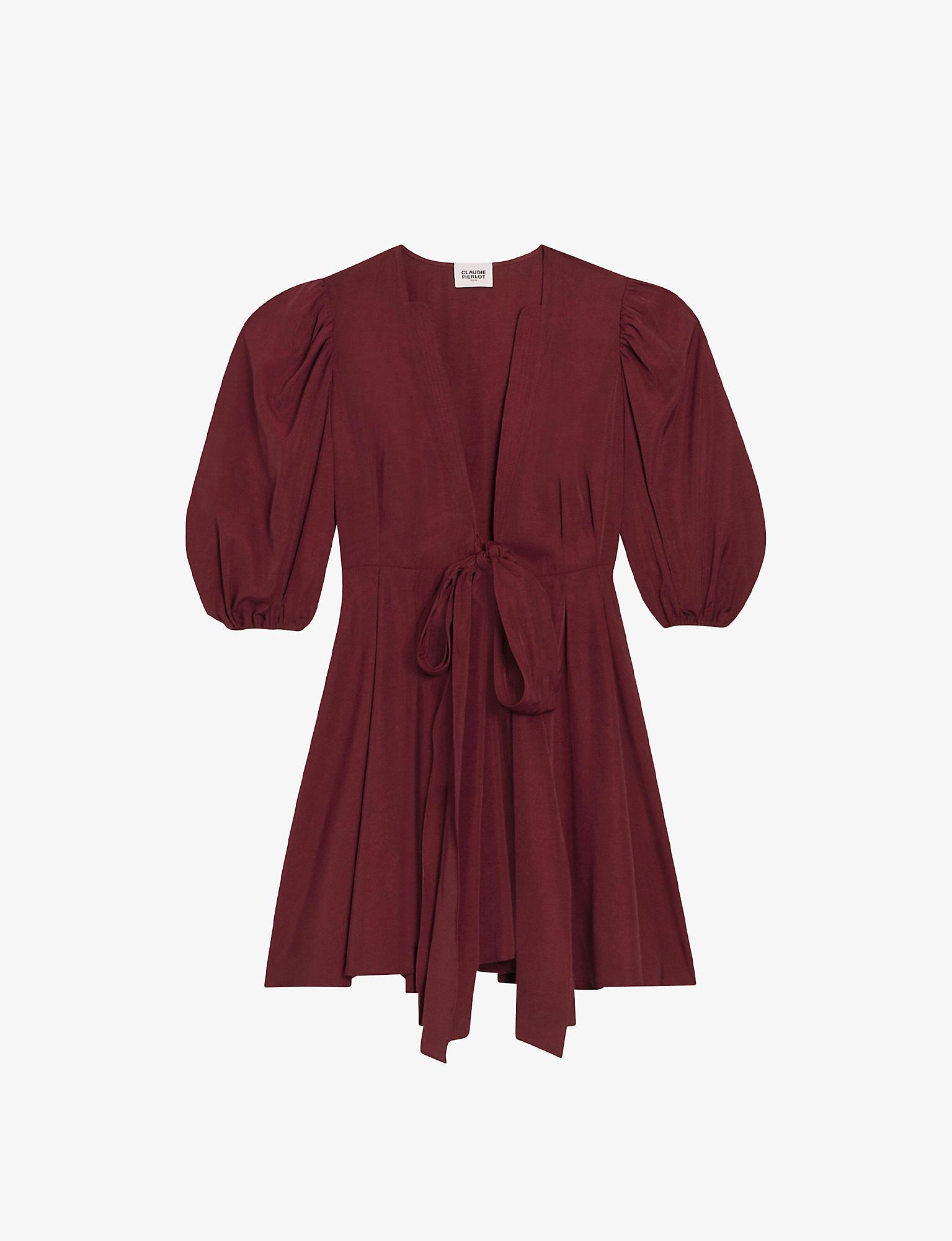 Claudie Pierlot Wrap-over Tie-waist Woven Mini Dress in Red | Lyst
