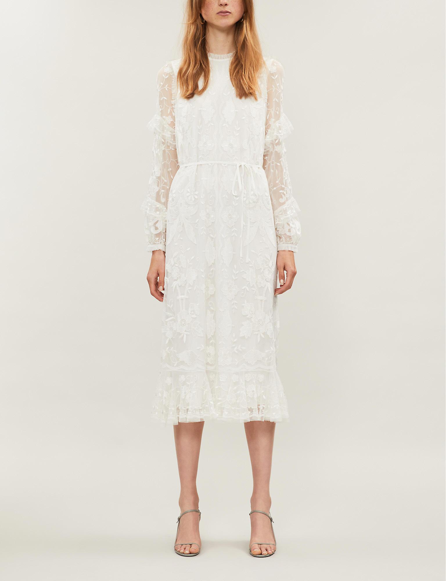 Needle & Thread Ellie Embroidered Tulle And Lace Midi Dress in Ivory ...