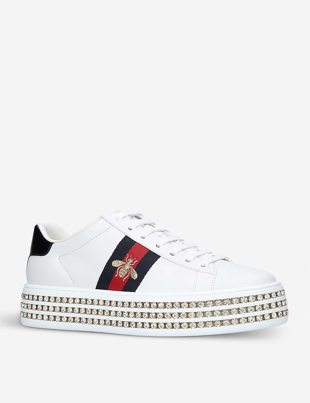 Gucci Womens White Women's New Ace Crystal Bee-embroidered Leather Trainers  4 | Lyst