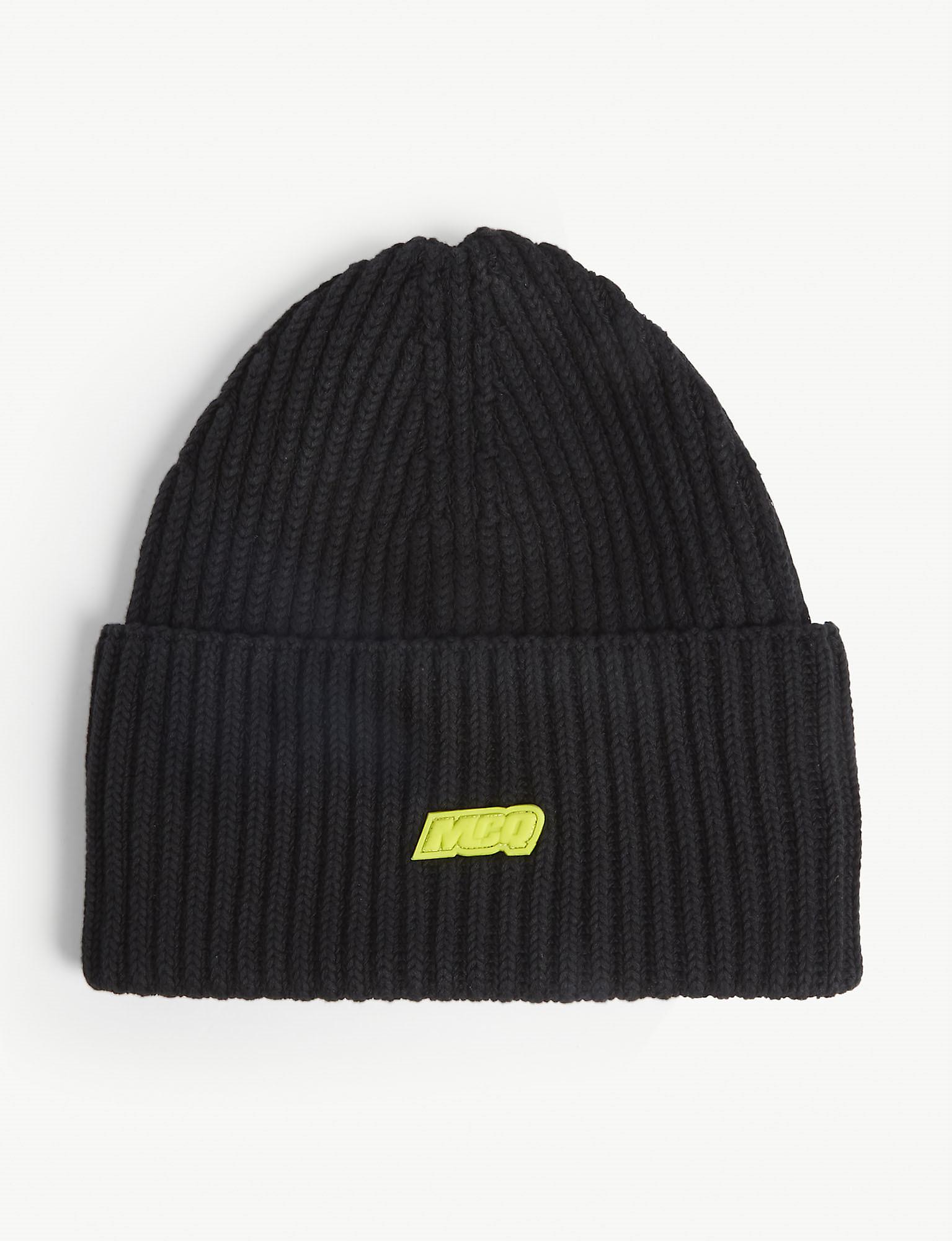 McQ Cotton Ribbed Beanie Hat in Black 