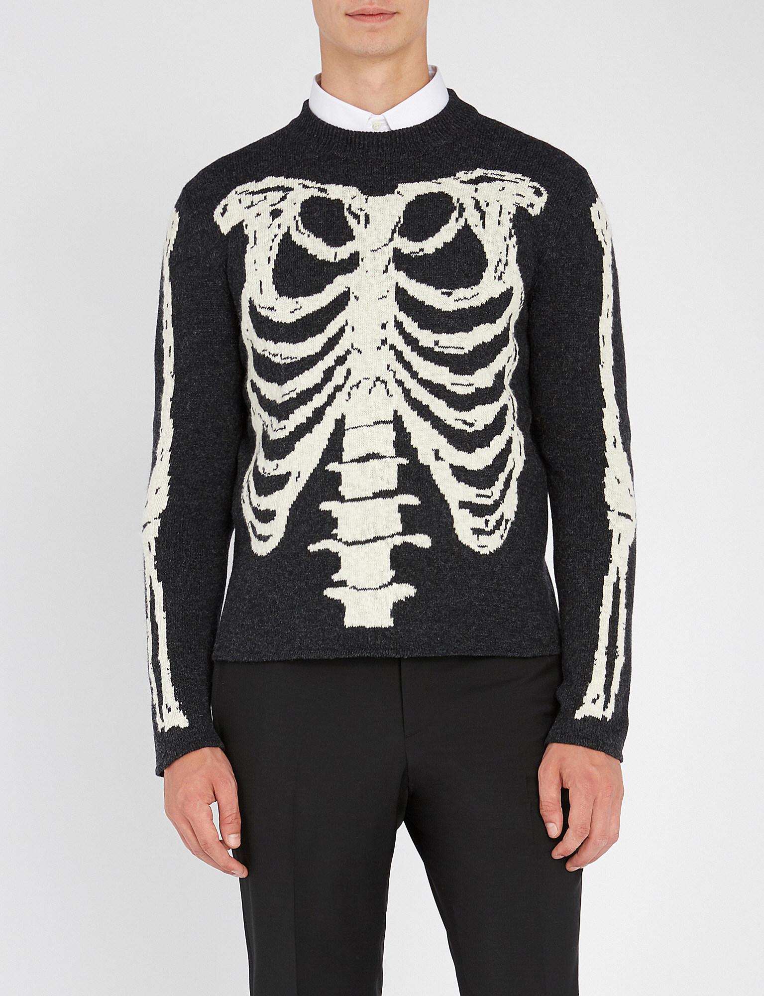 Saint Laurent Skeleton-intarsia Wool Jumper in Black for Men | Lyst