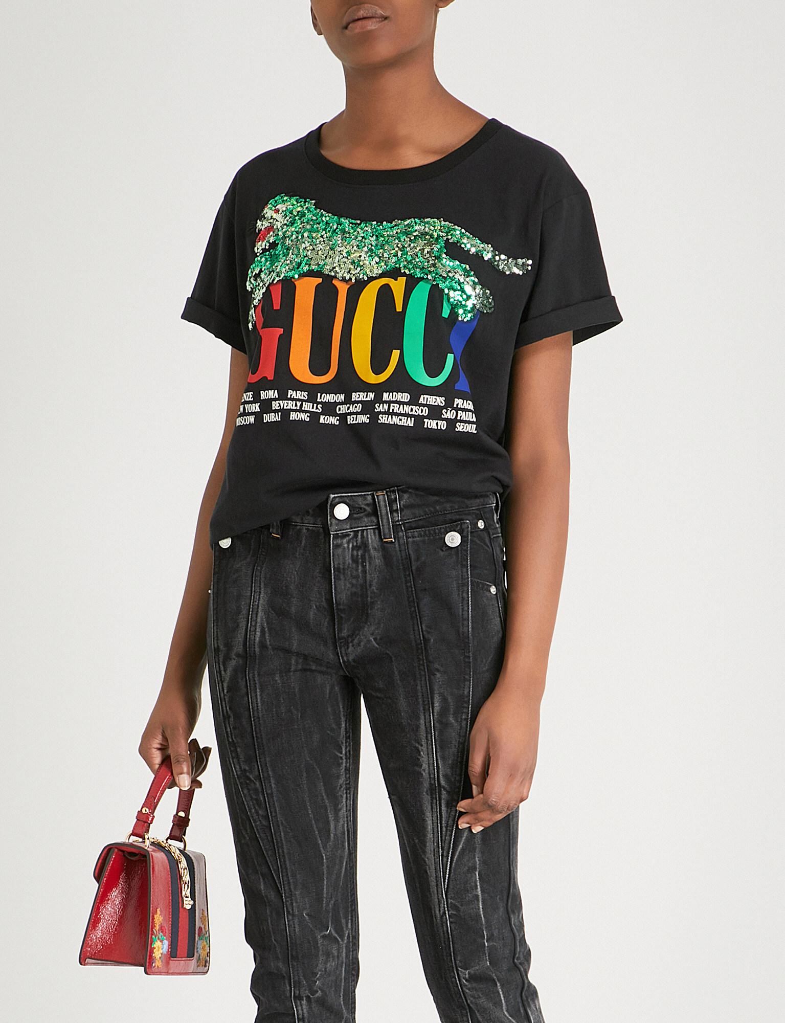 Gucci Panther-embellished Cotton-jersey T-shirt in Black - Lyst