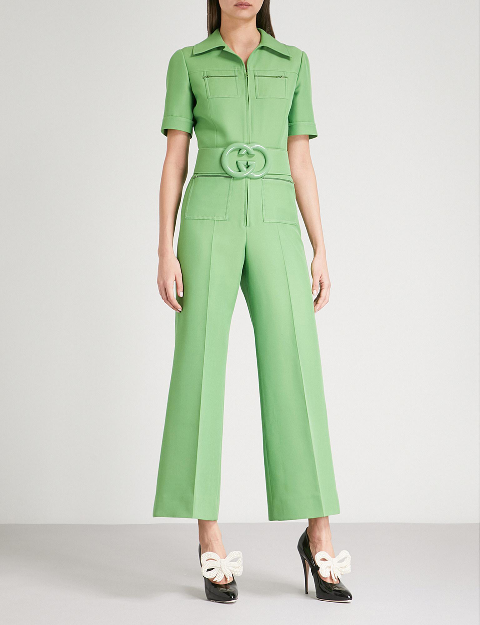 Brullen Aannemelijk pion Gucci Belted Wool-blend Jumpsuit in Green | Lyst