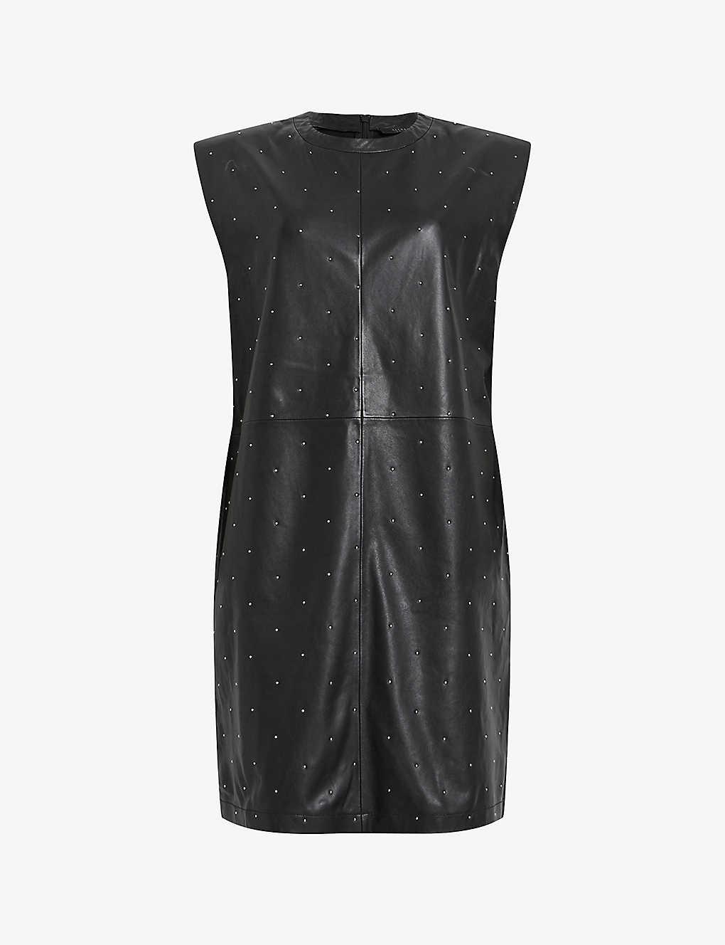 AllSaints Mika Pinstud-embellished Leather Mini Dress in Black | Lyst UK