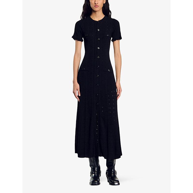 Sandro Contrast-Stitch Short-Sleeve Stretch-Knit Midi Dress in Black | Lyst Sandro Contrast-Stitch Short-Sleeve Stretch-Knit Midi Dress in Black | Lyst
