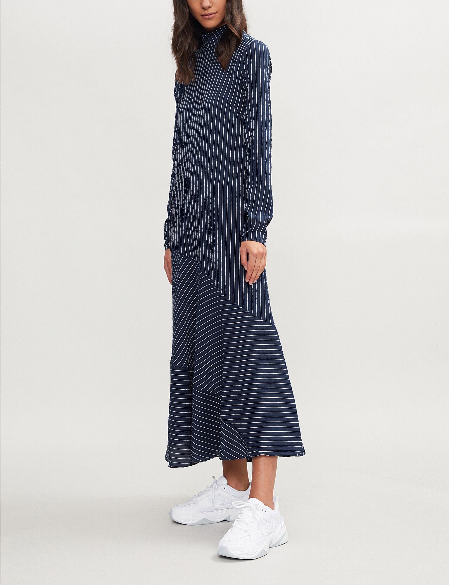 Ganni Lynch Striped Seersucker Silk-blend Midi Dress in Blue | Lyst