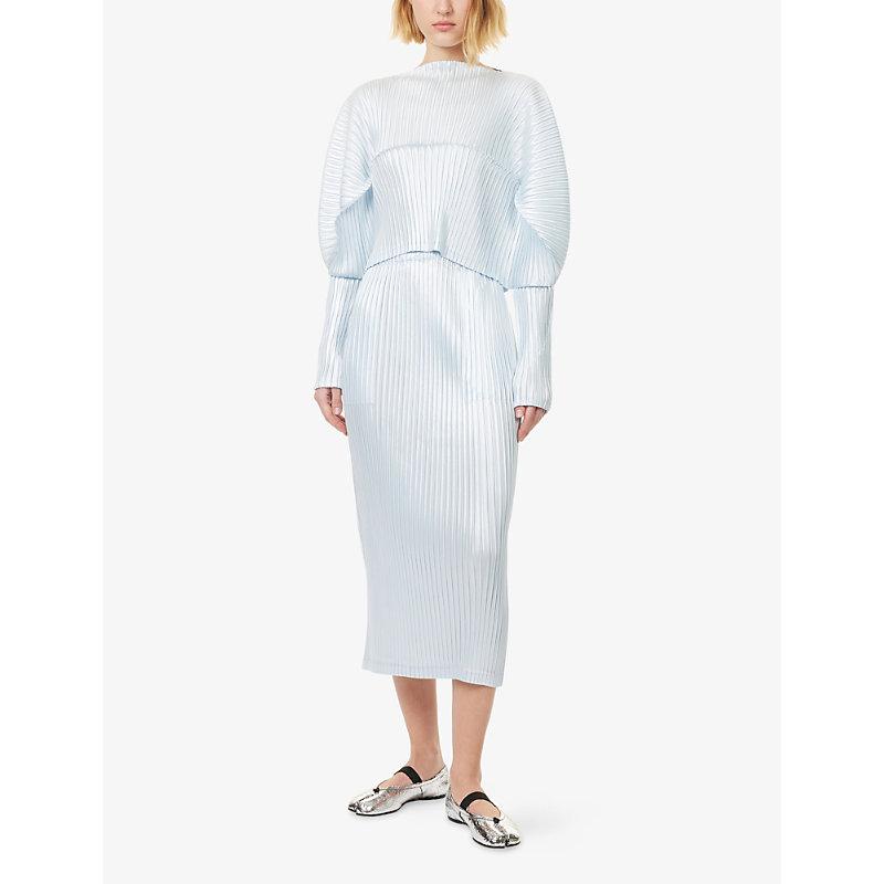 Issey Miyake Glossed Metal Pleats Long-Sleeves Knitted Top in Blue