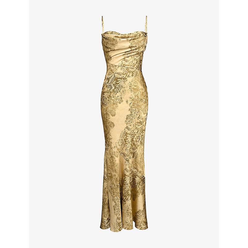 house of cb silk dress House OF CB Strapless Brocade and Satin Corset Maxi Dress