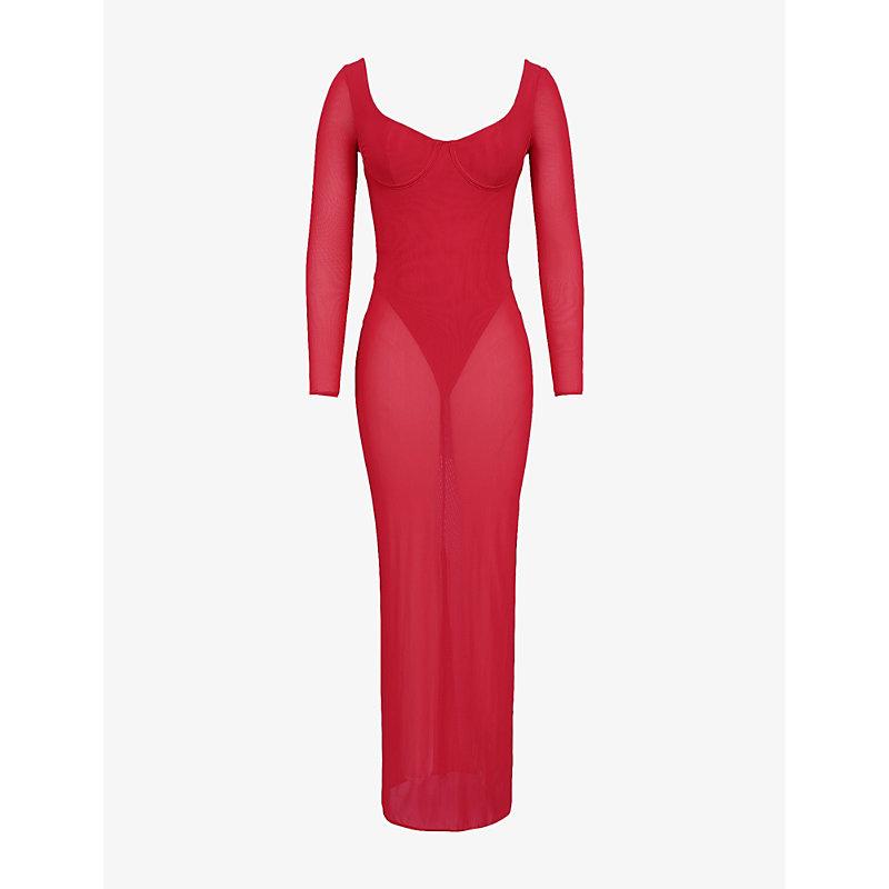 house of cb red mesh dress 'Nalini' Holly Red Stretch Mesh Corset Maxi Dress
