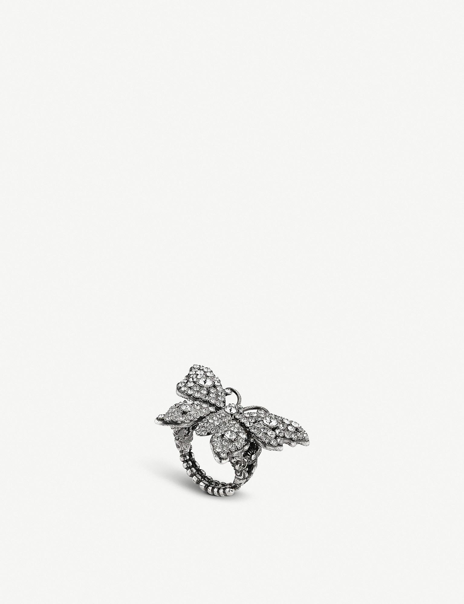 Gucci Crystal Studded Butterfly Ring In Metal in Silver (Metallic) - Lyst