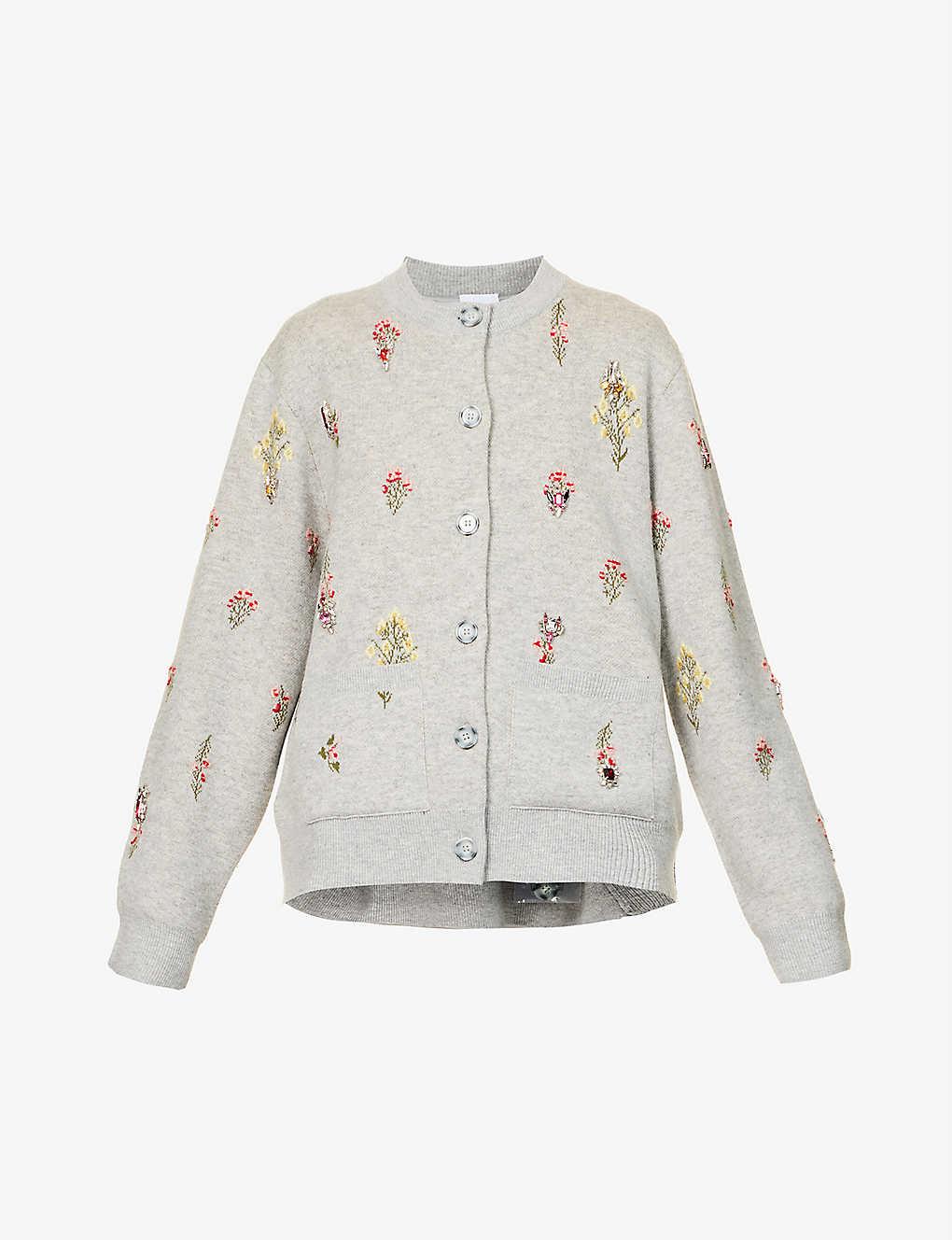 Burberry Letizia Floral-embroidered Wool Cardigan in White | Lyst