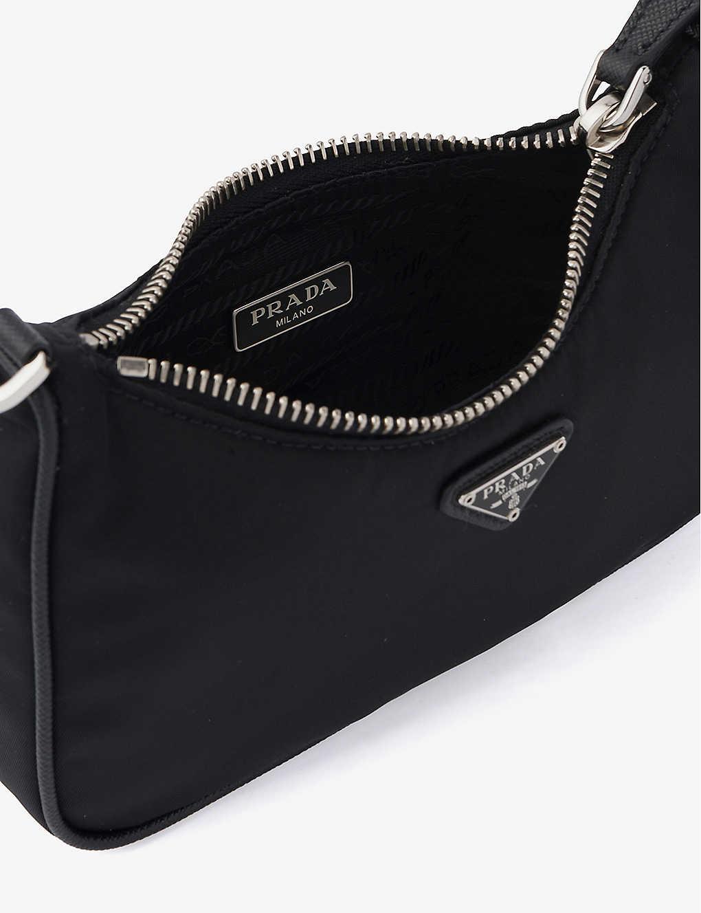 Prada Ladies Black Chain-embellished Leather And Re-nylon Shoulder Bag