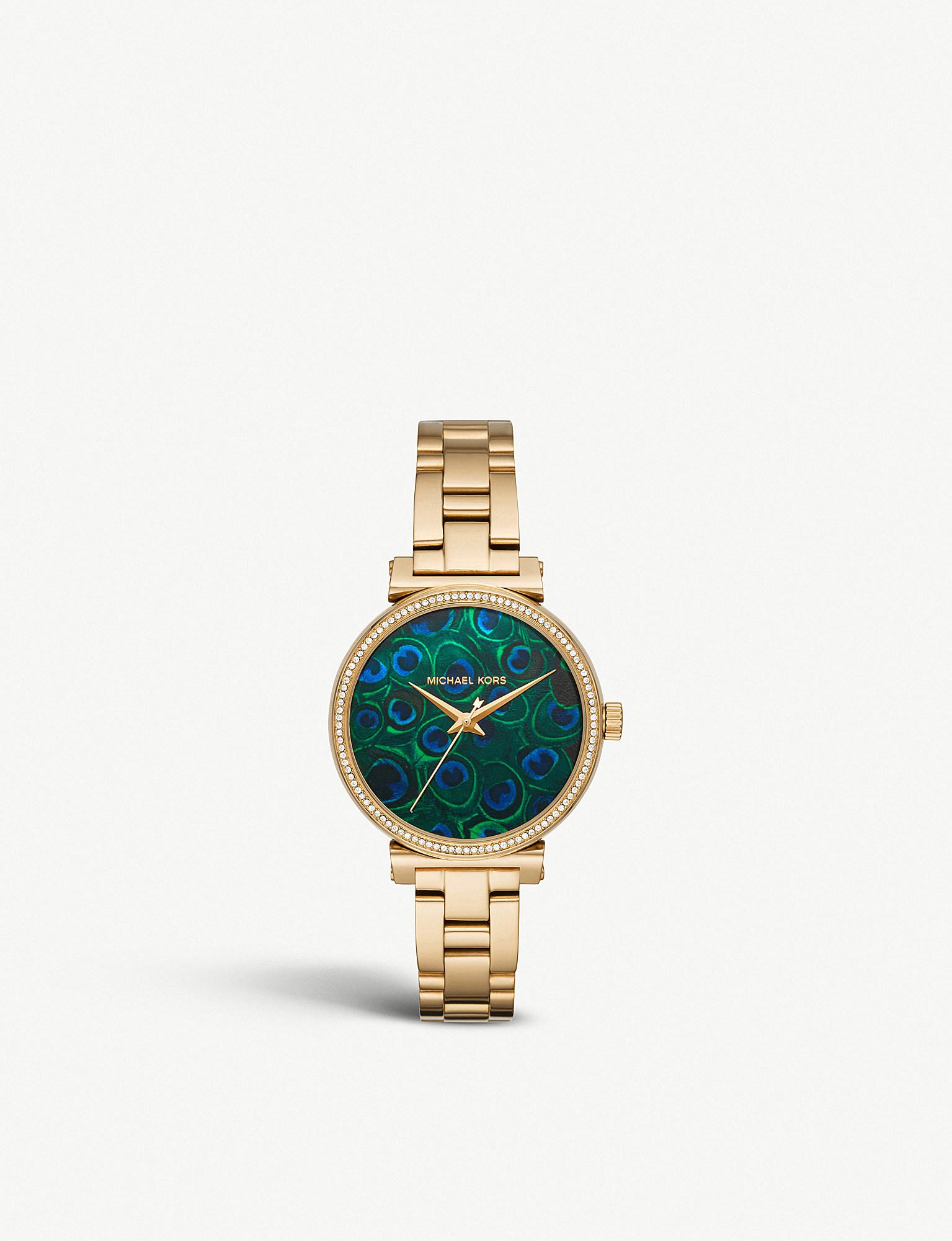 Michael Mk3946 Sofie Gold-plated Stainless Steel Peacock Feather-printed Watch in Metallic | Lyst