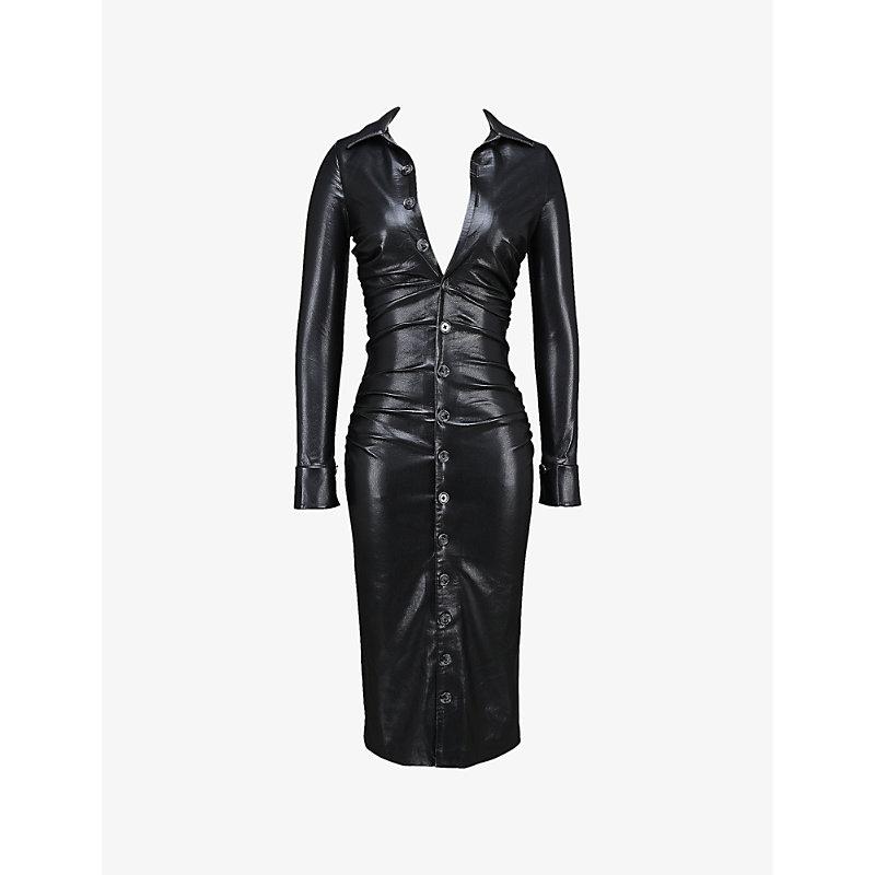 House Of Cb Viola Open-Collar Button-Down Faux-Leather Midi Dress in Black | Lyst House Of Cb Viola Open-Collar Button-Down Faux-Leather Midi Dress in Black | Lyst