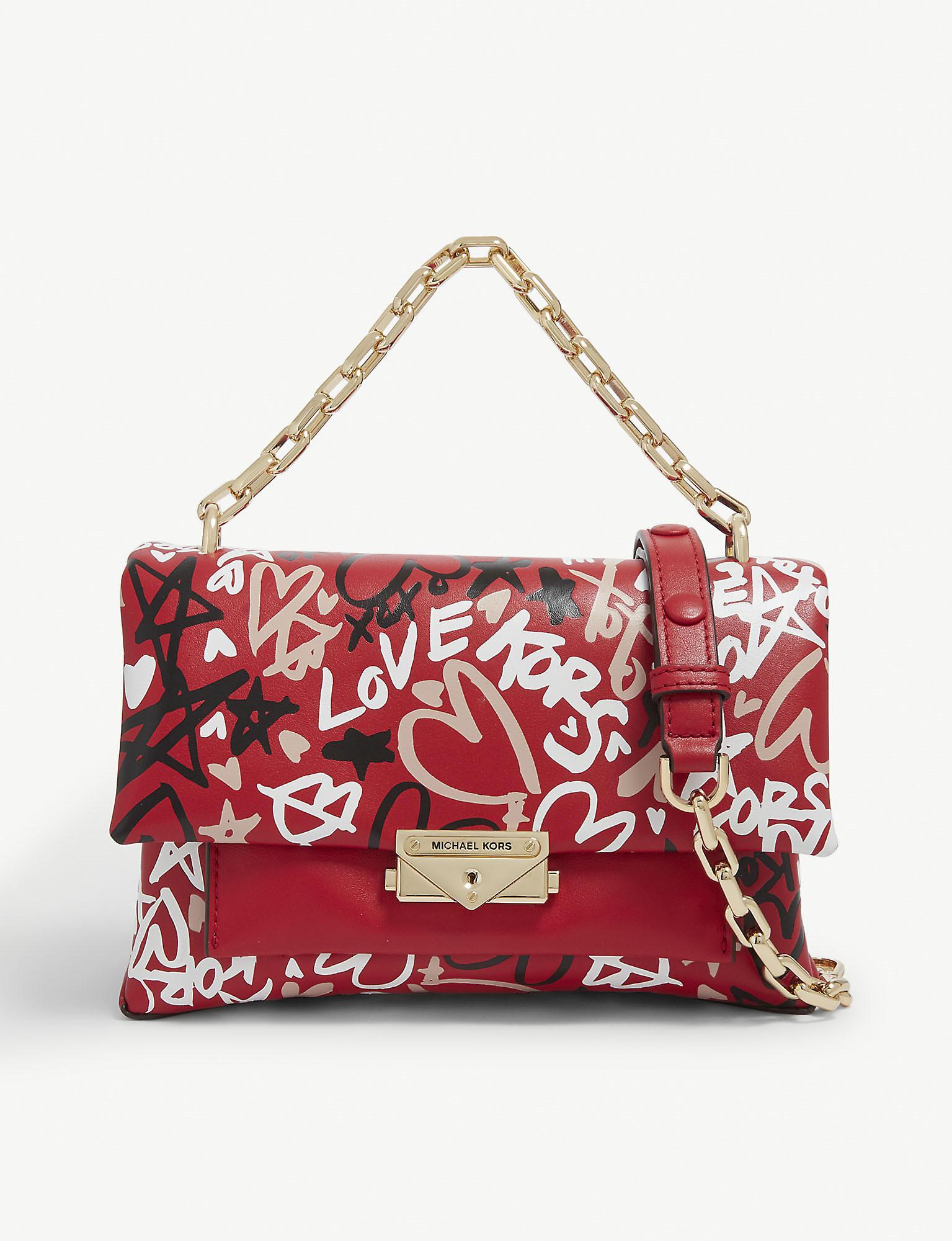 MICHAEL Michael Kors Cece Graffiti Print Leather Shoulder Bag in Red | Lyst