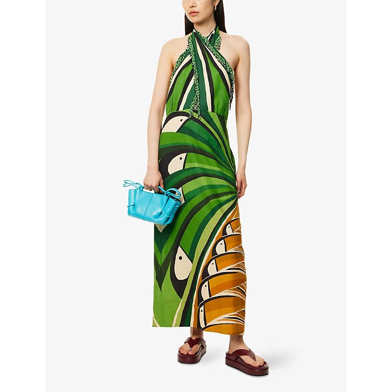 FARM Rio Halter Bead-Fringe Sleeveless Cotton-Linen Midi Dress in Green |  Lyst