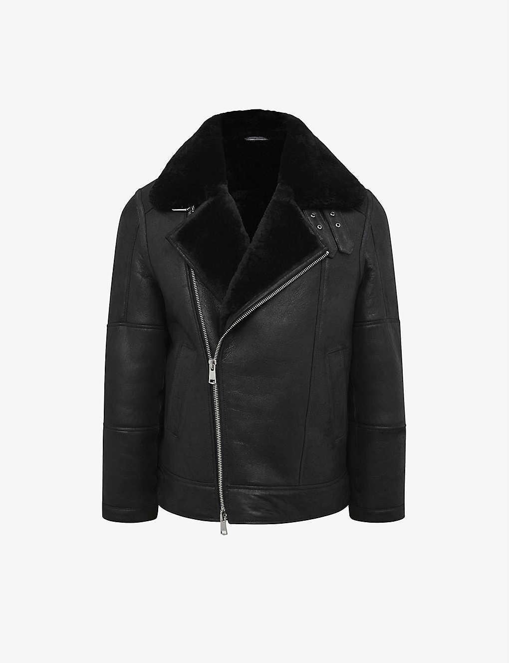 Reiss Aka Oversizedcollar Sherpalined Suede Biker Jacket X in Black