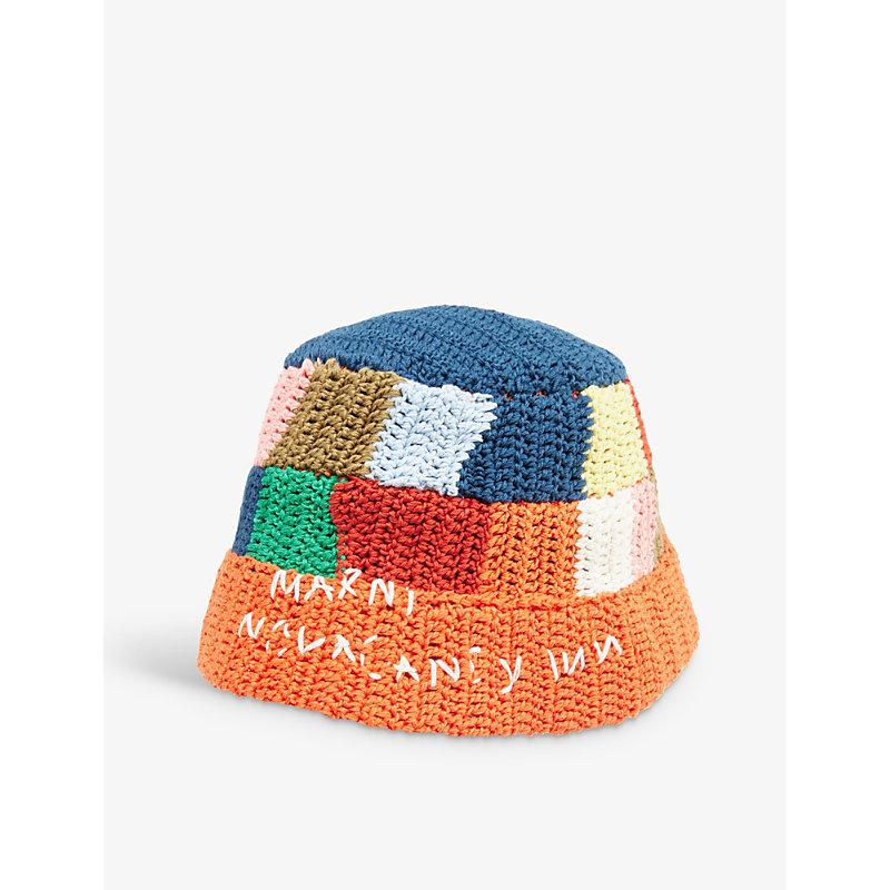 Marni Logo-embroidered Crochet Cotton-knit Bucket Hat in Blue for