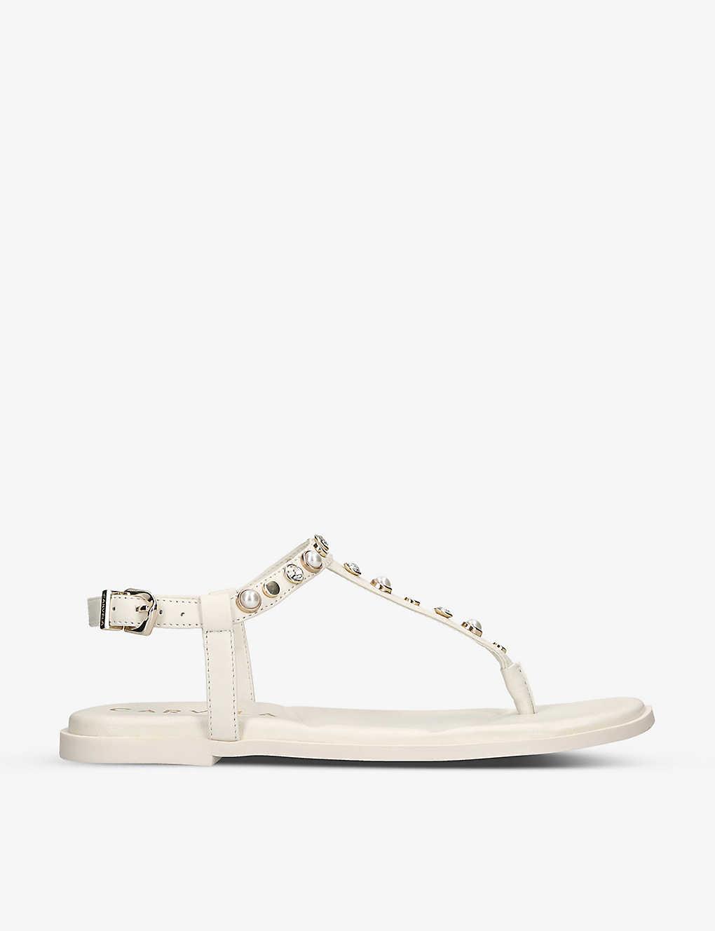 Carvela Kurt Geiger Precious T-bar Pearl-embellished Leather Sandals in  White | Lyst UK