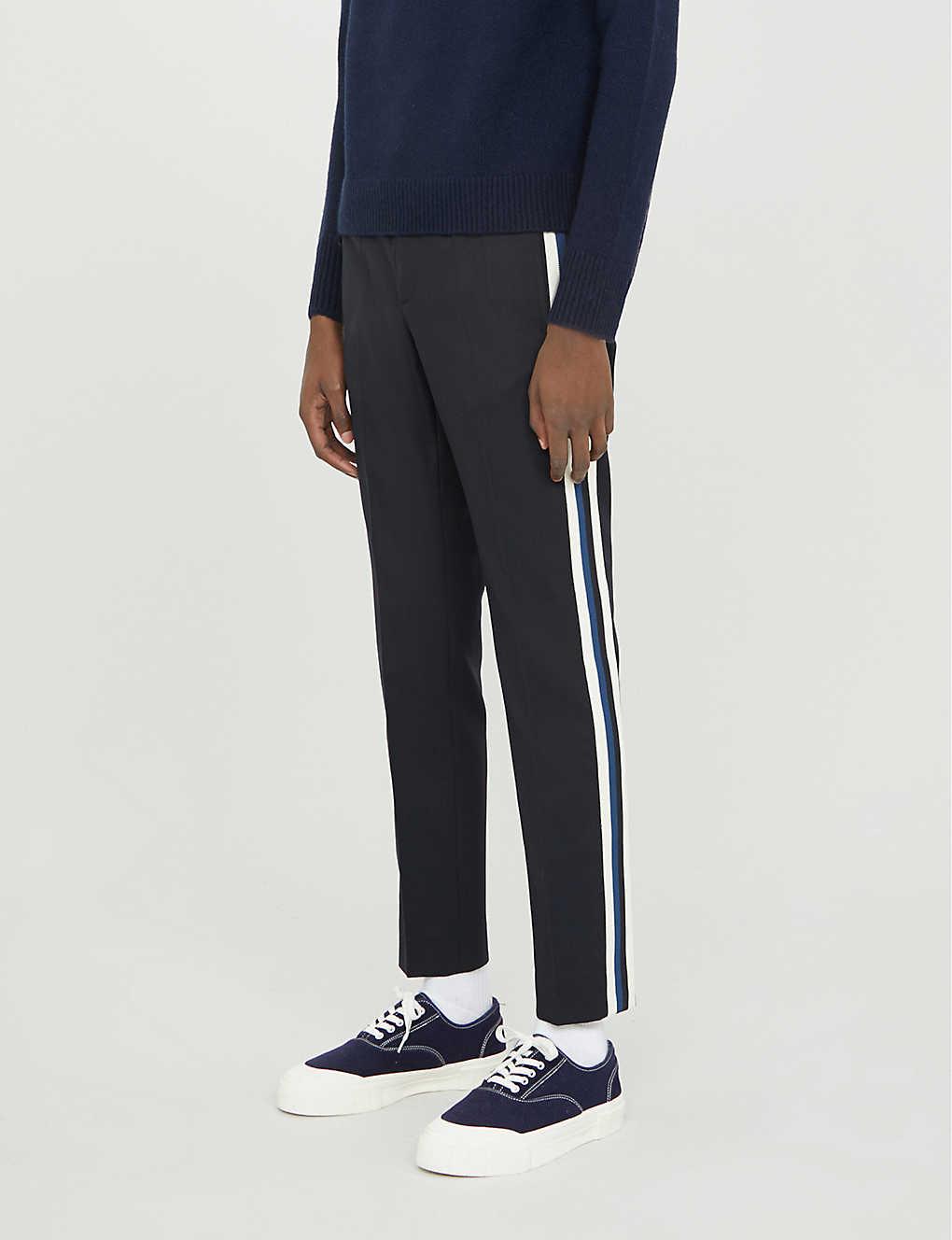 navy and white striped trousers