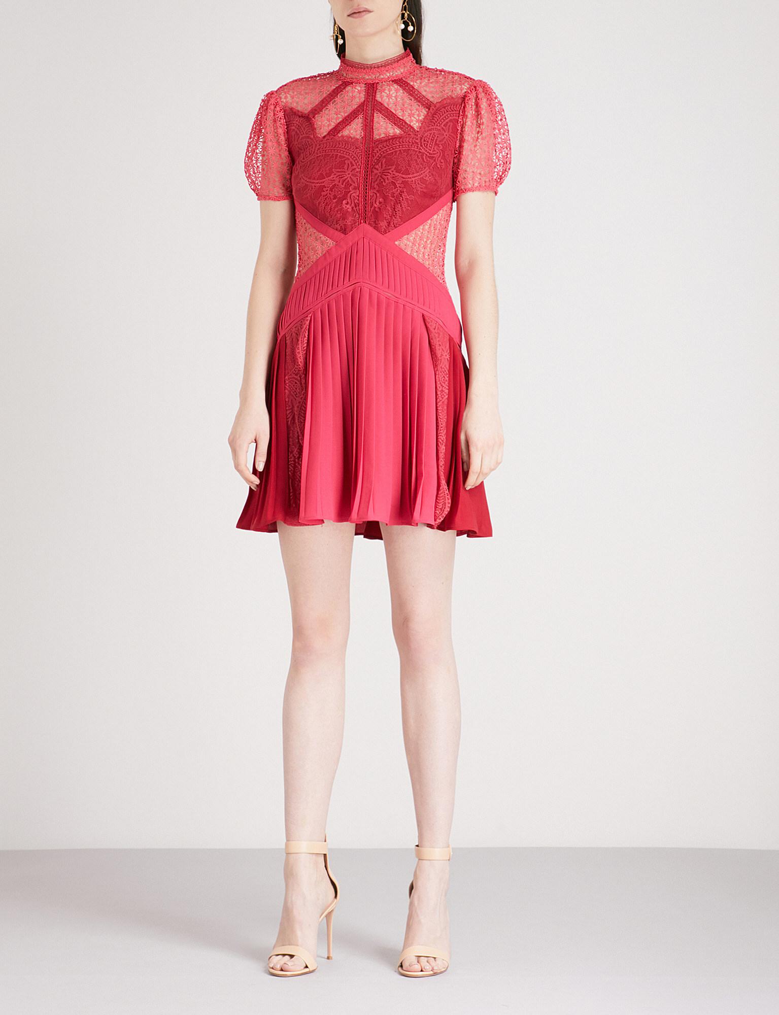 Lyst Self Portrait Red Berry Panelled Lace Fl Guipure Mini Gallery