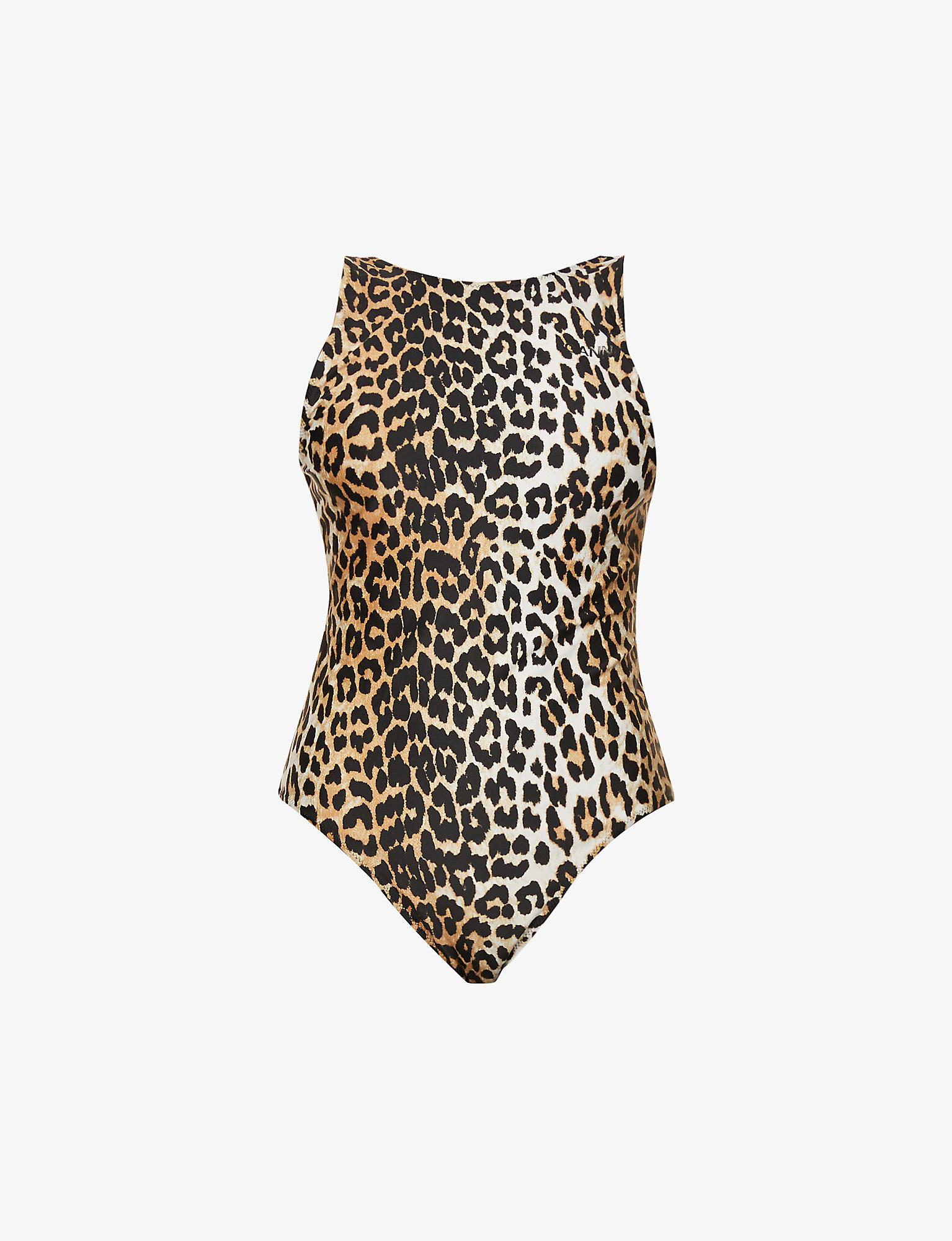 Ganni Synthetic Leopard-print Recycled-polyamide-blend Swimsuit | Lyst
