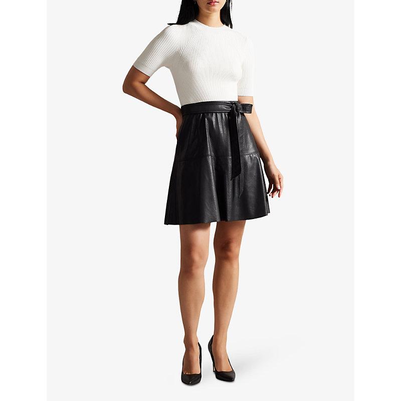 Ted Baker Oliyia Contrast-skirt Woven And Faux-leather Mini Dress in White  | Lyst