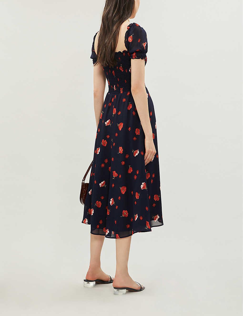 reformation lacey abstract print crepe midi dress