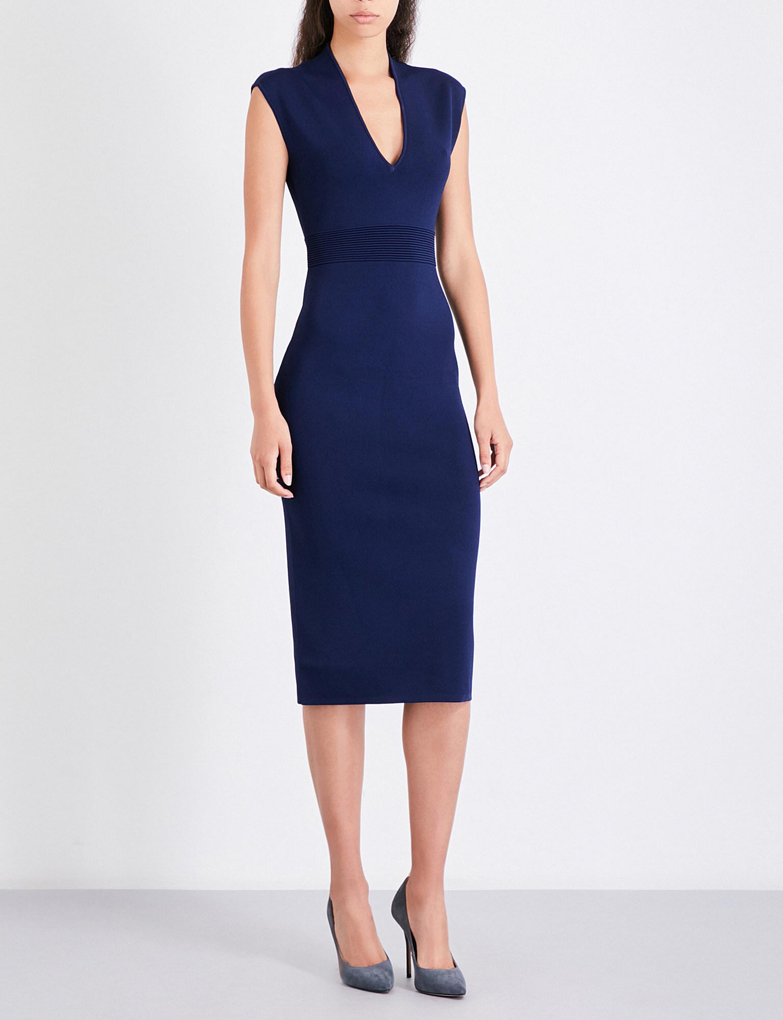 MICHAEL Michael Kors V-neck Fitted Stretch-knit Dress in Blue | Lyst
