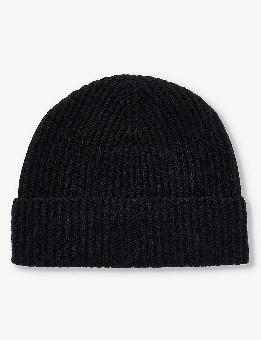 Johnstons of Elgin Ribbedknit Foldedbrim Cashmere Beanie Hat in Black