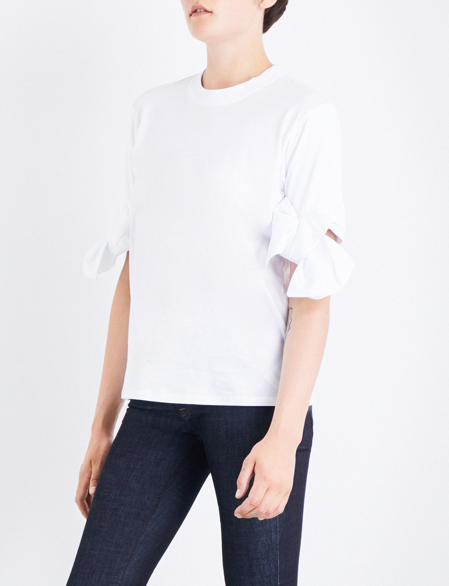 Victoria, Victoria Beckham Bow-sleeve Cotton-jersey T-shirt in White | Lyst