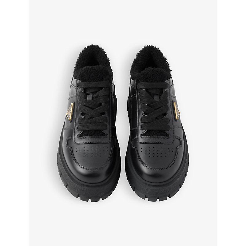 Prada Brand Plaque Shearling Lined Leather Mid Top Trainers in Black Lyst UK