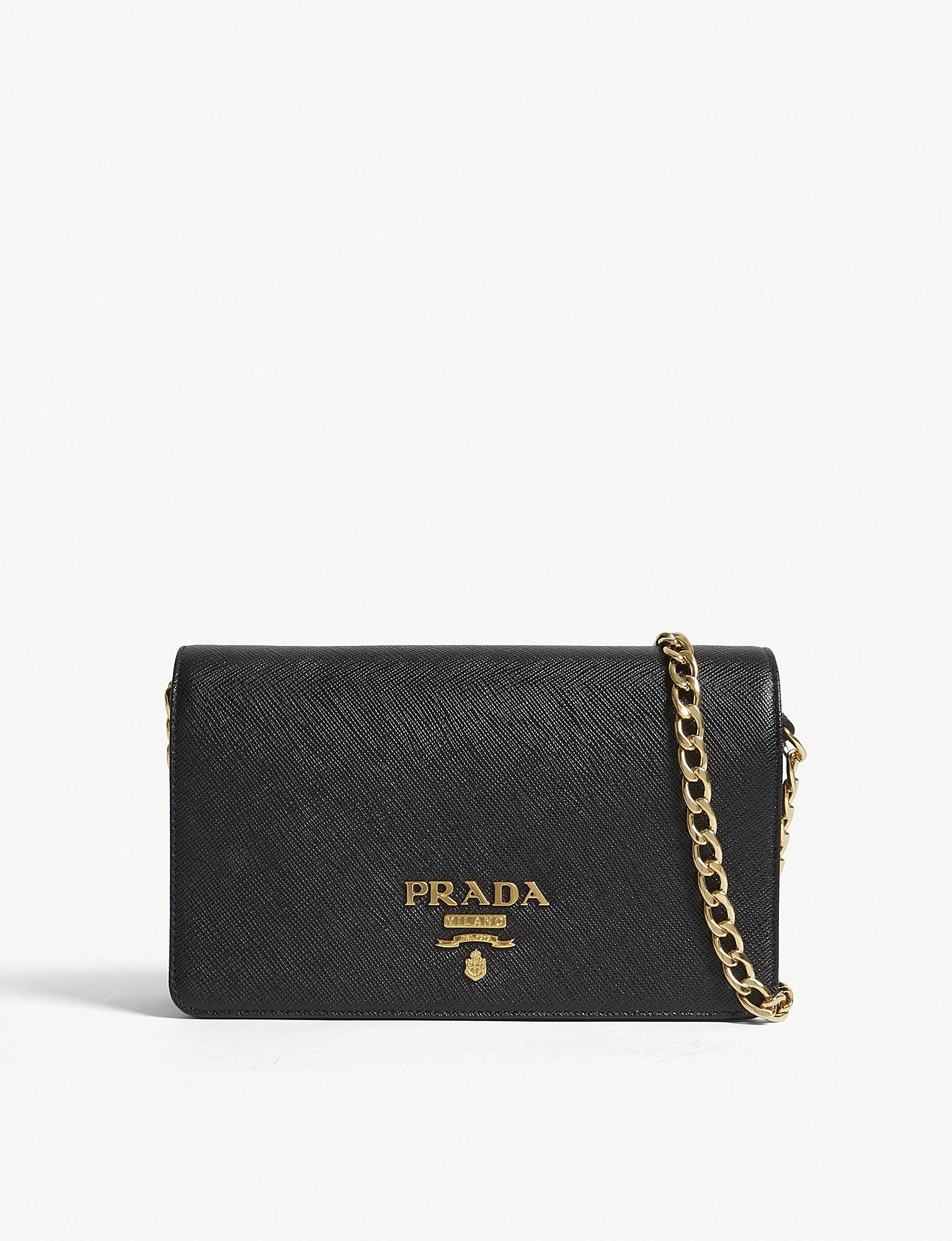 Prada, Bags, Prada Saffiano Wallet Bag Gold Chain