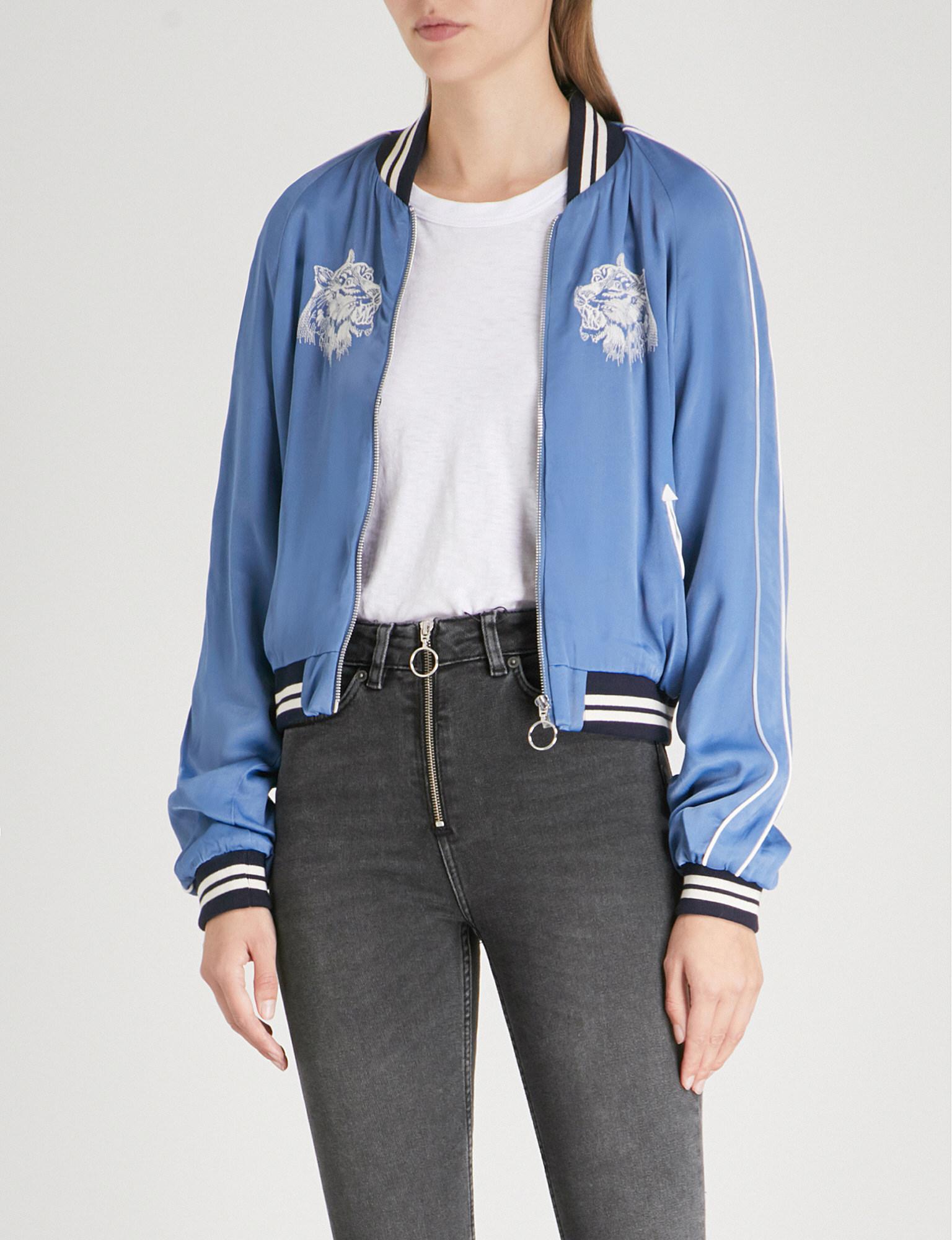The Kooples Tiger-embroidery Satin Bomber Jacket in Blue | Lyst