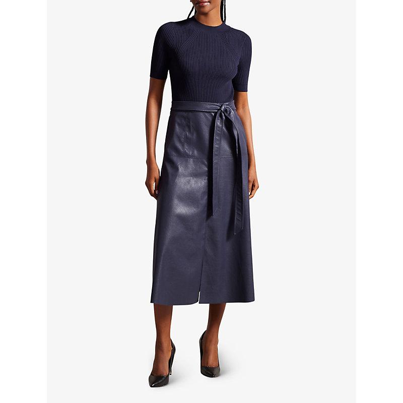 Ted Baker Matiar Short-sleeve Knitted And Faux-leather Midi Dress in Blue |  Lyst UK