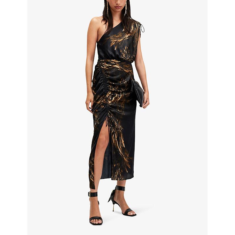 AllSaints Laura Feather-Print Silk-Blend Maxi Dress in Black | Lyst