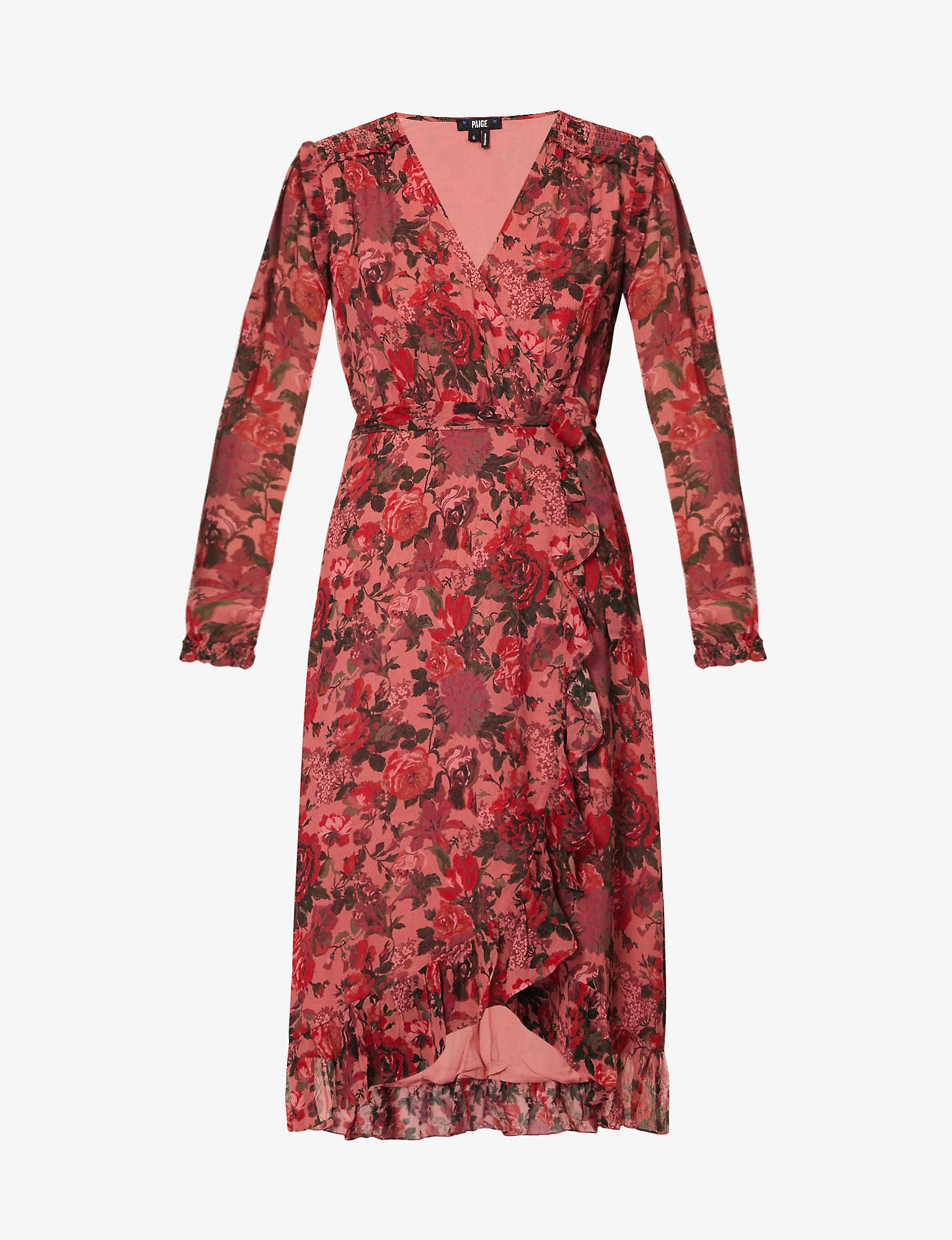 PAIGE Paulette Floral-print Silk Midi Dress in Red | Lyst